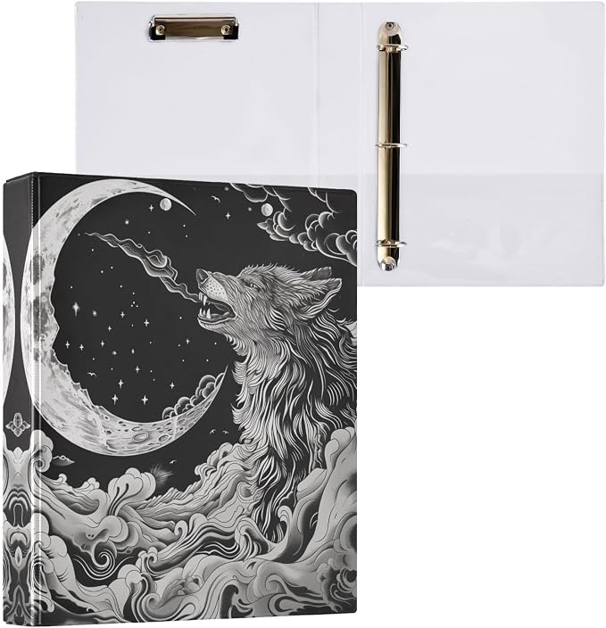 3 Ring Binder Wolf Whistling Moon 1.5 Inch Three Ring Binder | Cute Binder with 3 Storage Pockets for Women School Office Supplies
