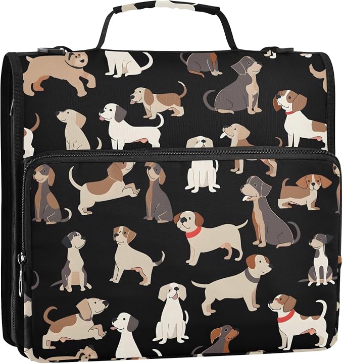 Dog Black Background Pattern 3 Ring Binder Bag 1.5 inch Binder Organizer with Zipper Shoulder Strap 500 Sheet Documents Storage for School Office