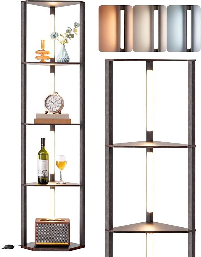 EDISHINE 64" Corner Shelf Floor Lamp for Living Room, Modern LED Corner Light with Shelves, 3CCT, Stepless Dimmable Tall Floor Light for Bedroom, Office, Dining Room, 3000K 4000K 5000K, Black Walnut | Stepless Dimming, 4-Layer Shelf, Foot Switch, 3000K...