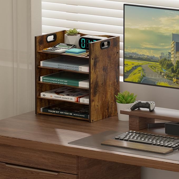 5-Tier Wood Paper Organizer, File Holder for Desk With Handle | Keep Desk Clean,Space Saving,Wooden Paper Letter Tray, Desk Organizer and Accessories, File Cabinet for Home Office, School