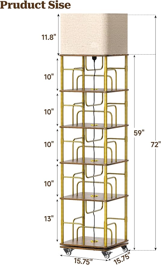 5 Tier Gold Rotating Bookshelf with Light, Square Revolving Book Shelf Tower with Wheels, 360 Display Corner Shelves with Large Capacity for Small and Narrow Space, Office, Living and Bed Room
