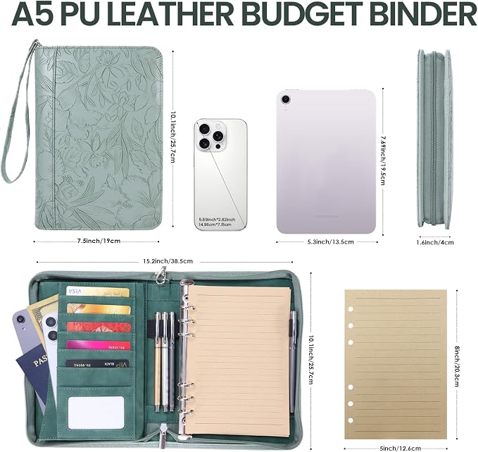 A5 Binder 6 Ring with Zipper, Portable Planner for Travel & Study | Faux leather A5 planner with detachable 6 rings, lined pages, pouches, card slots and pen holder for daily use.