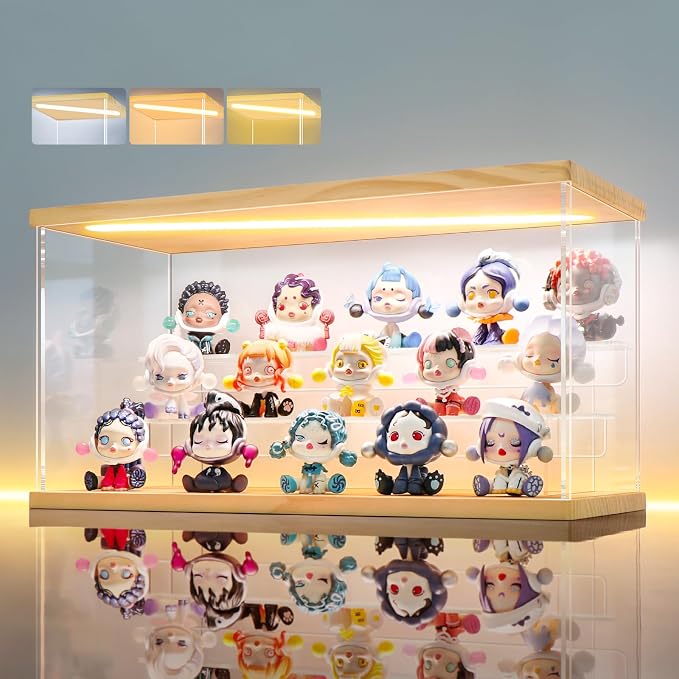 LANSCOERY LED Lighted Acrylic Display Case, 3 Tier Display Box for Collectibles and Action Figures, Clear Dustproof Organizer with Wooden Base – 15.2x6.5x7.5inch