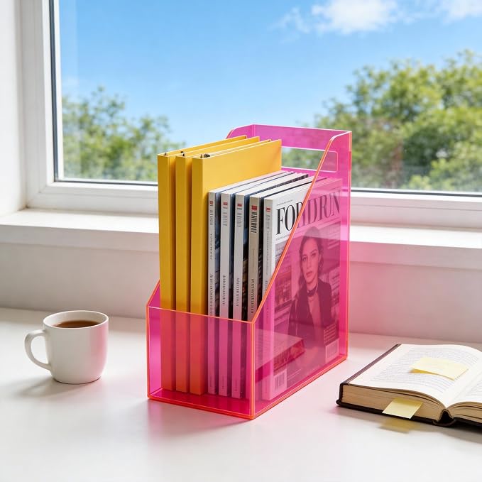 Acrylic Magazine Rack Desk File Holder Organizer for Office Desktop Vertical Magazine Storage Box, 12 x 10 x 5'', Neon Pink