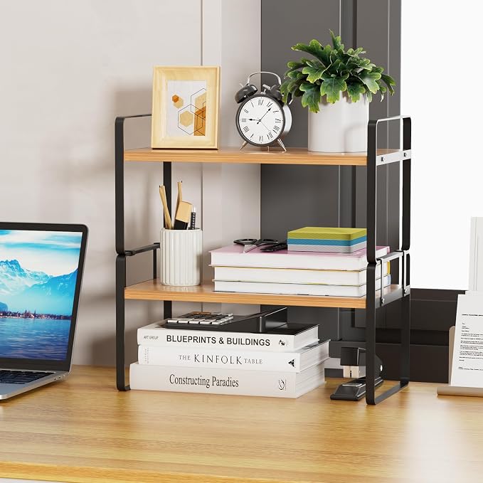 YGYQZ Desk Shelf Organizer, 2-Tier Desktop Bookshelf, Black & Wood | Detachable Design, 2-Tier Storage, Multi-Use Desktop Shelf, Compact Organization, Ideal for Office, Dorm & Home