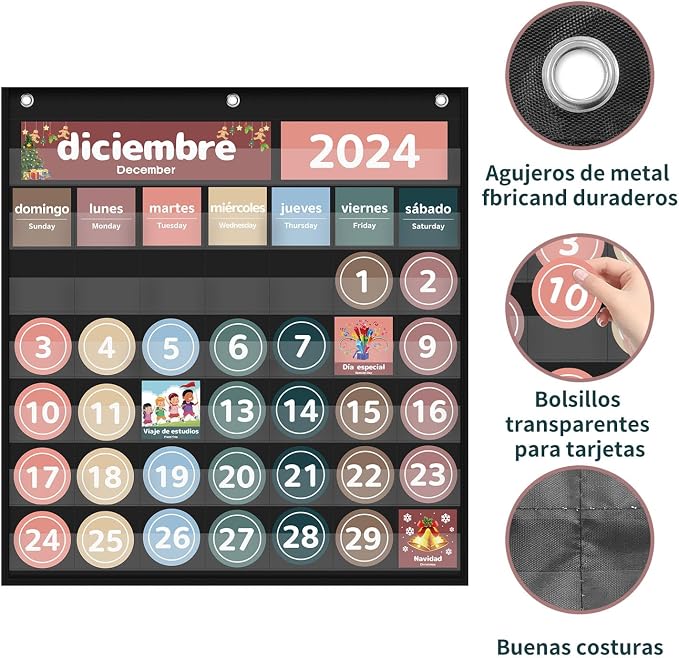 Boczif Monthly Calendar Pocket Chart for Classroom(Spanish Black)