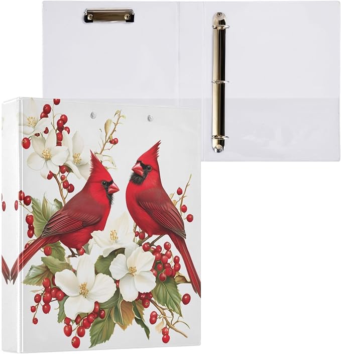 3 Ring Binder Red Cardinal Flowers Berries 1.5" Round Ring Binders View Binder with 200 Sheet for Kids School Supplies Women Men Office, 1 Pack