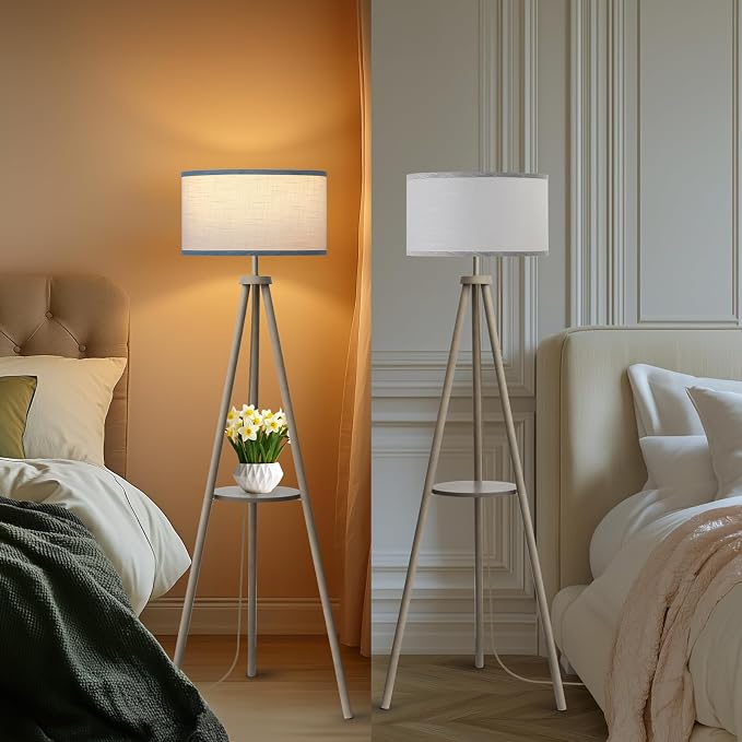 EOEYYOYB Floor Lamps for Living Room, Modern Standing Lamp with Shelf, 3 Color Temperature Led Bulb Tall Lamps with Foot Switch for Bedroom and Office, Grey