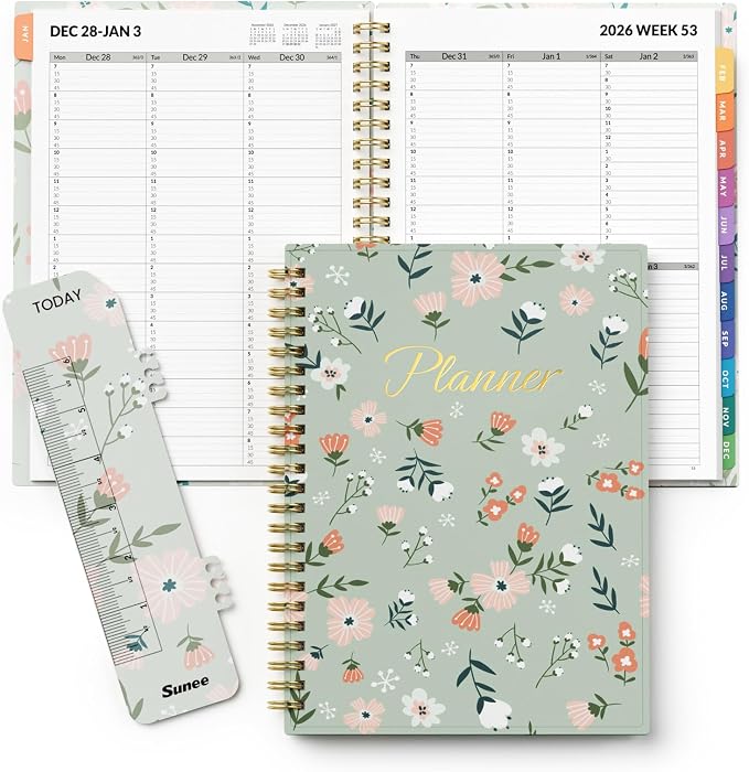 SUNEE 2027 Appointment Book, Quarter-Hourly, Weekly Monthly Planner, 6" x 8.3",Green Wildflower