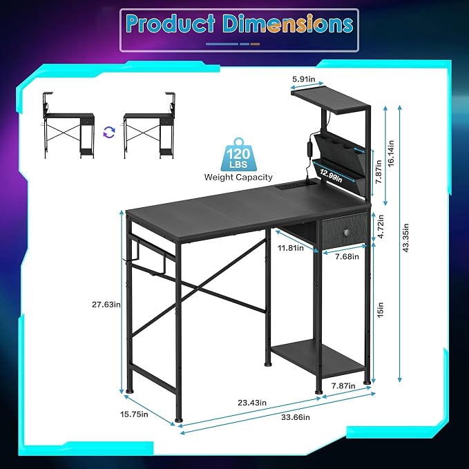 33.7 Inch Small Gaming Desk Table with LED Lights & Power Outlets, Compact L Shaped Gaming Computer Desk with CPU Stand, Drawer & Storage, Corner PC Desk for Kids, Home Office , Bedroom, Black