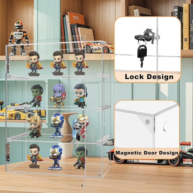 Acrylic Display Case with Lock Key 4 Tier Clear Display Case Locking Cabinet for Collectibles Figure Knife Rock Perfume Countertop Retail Showcase Display Box Wall Mount with Shelves 11.8x5.9x15.7 in