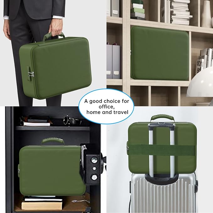 ENGPOW 5200°F Fireproof Document Bag with Lock, Upgraded Heat Insulated Fireproof＆Waterproof Box 8 Layers Document Organizer, Portable Home Travel Safe Storage Box for Important Files, Laptop,Green