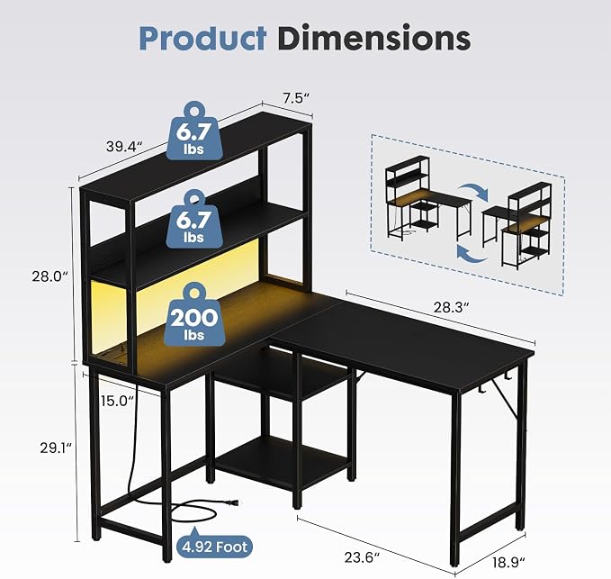 DUMOS L Shaped Desk, Gaming Desk, Power Outlet, 43 Inch | Reversible Corner Computer Table, Adjustable Shelf CPU Stand, Home Office Writing Table, LED, Black