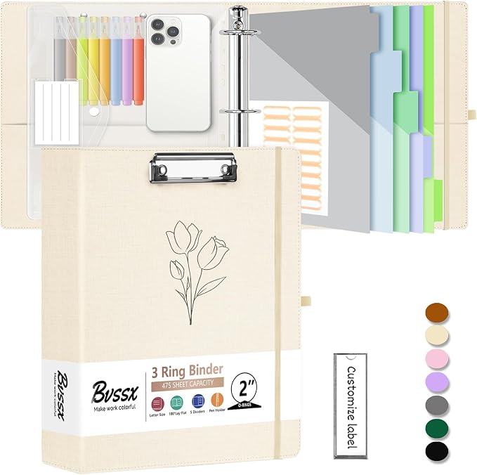 2 Inch 3 Ring Linen Binder Organizer, BVSSX Three Ring Binders with Clipboard, Plastic Folder, 5-Tabs Pocket Dividers with Sticker Labels, Pen Loop, Elastic Strap (Tulip, Letter Size)
