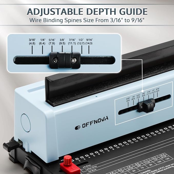 OFFNOVA Wire Binding Machine, 34 - Square Punch Holes, 3:1 Pitch, Punch 12 Sheets Bind 120 Sheets, Book Binder with Adjustable Side Margin, Easy to Punch for Letter Size / A4 / A5