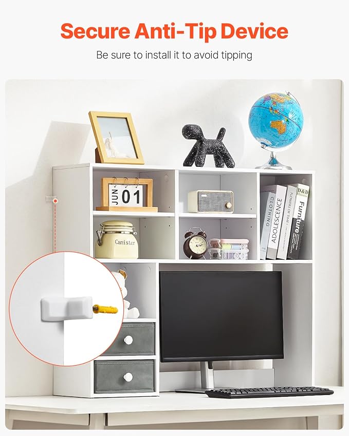 VEVOR Desktop Bookshelf, 3-Tier Desktop Storage Organizer, 37" x 10" x 31.1" Office Storage Rack Wood Display Shelf, Desktop Bookshelf Hutch with 2 Fabric Drawers, for Office, Home & Dorm, White