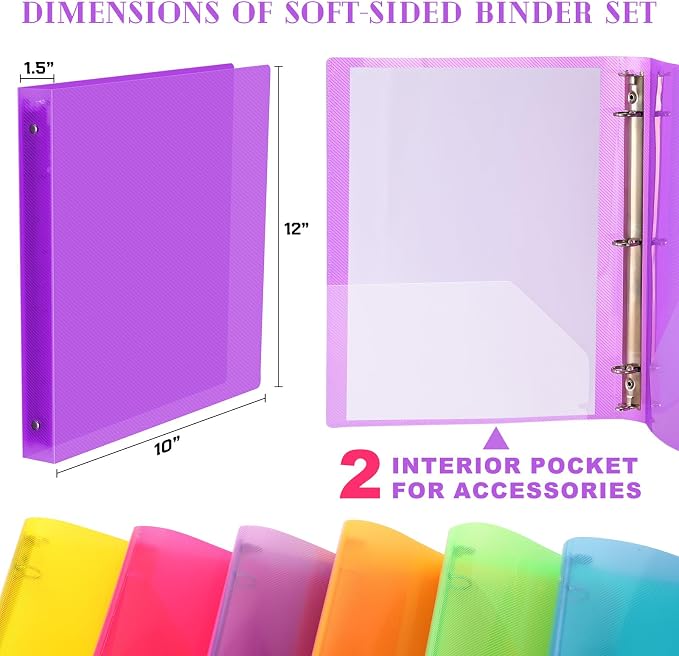 Fulmoon 48 Pack 3 Ring Plastic Binders 1.5 Inch Bulk with 2 Pockets, Flexible Binder Loose Leaf Hardcover, Fit 12" x 10" US Letter Size Paper, for School Office Home, 6 Colors (Bright)
