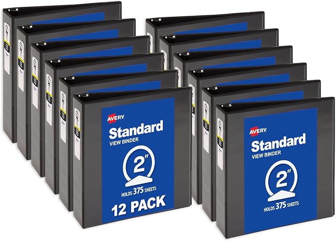 Avery Standard View 3 Ring Binders, 2" Round Rings, 375-Sheet Capacity, 2.8 Inch Wide Spine, Black Binders, Ideal for Lightweight Organization and Occasional Referencing (12-Pack of 05730)