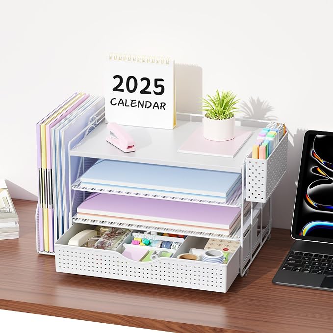 gianotter Wood Desk Organizers and Accessories with File Holder, 4-Tier Desk Accessories & Workspace Organizers with Drawer and Pen Holder, Desk Reference Organizer (White, 4T with Drawer)