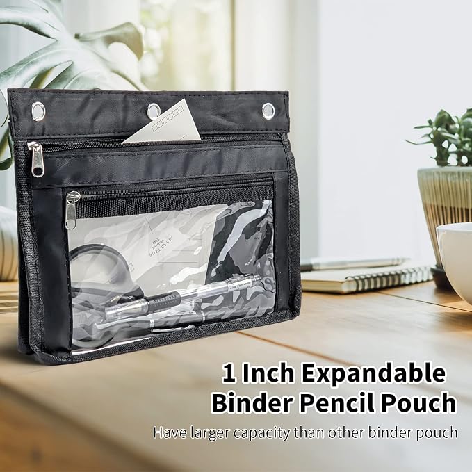YoeeJob 18 Pack 1 Inch Expandable Zipper Pencil Pouches with Clear Window for 3 Ring Binder, Suitable for School & Office（Black）