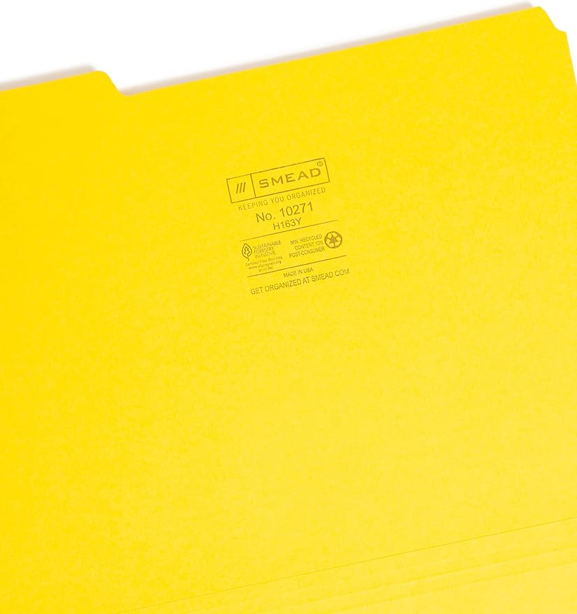 Smead Interior File Folder, 1/3-Cut Tab, Letter Size, Yellow, 100 per Box, Expandable File Folders for Filing Cabinet