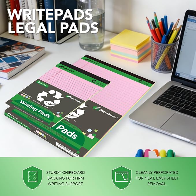 KAISA Colored Legal Pad 15lb Recycled Paper Writing Pad, 4pcs 5"x8" Narrow Ruled and 4pcs 8.5x11 inch Wide Ruled, 50 Sheets, Mixed 8pads, KSU-7358