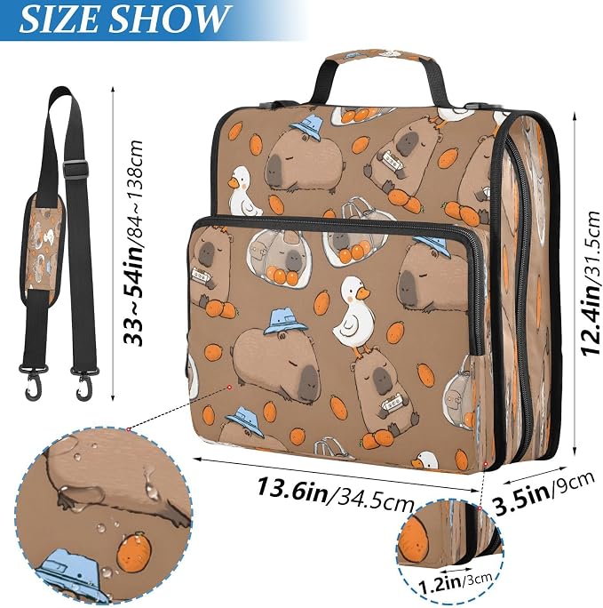 ALAZA Zipper Binder 3 Ring Cute Capybara White Ducks Binder Organizer with Zipper and Shoulder Strap Large Capacity Multi-Pocket Trapper Keeper File Folder for Office Supplies