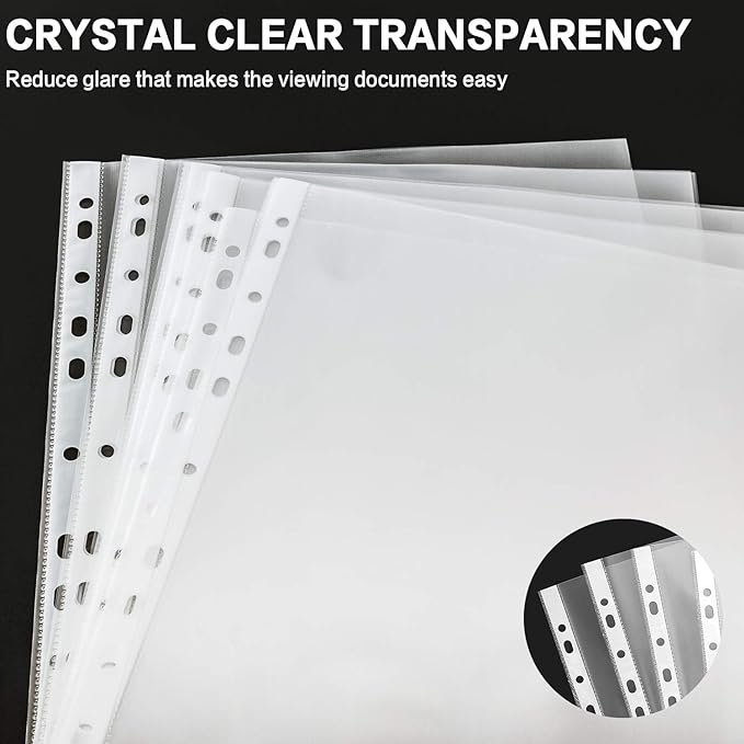 Sheet Protectors, PANDRI 300 Pack Clear Heavy Duty Plastic Page Protectors Sheet Reinforced 11-Hole Fit for 3 Ring Binder Fits Standard 8.5 x 11 Paper, 9.25 x 11.25 Top Loaded, Excluding Acid