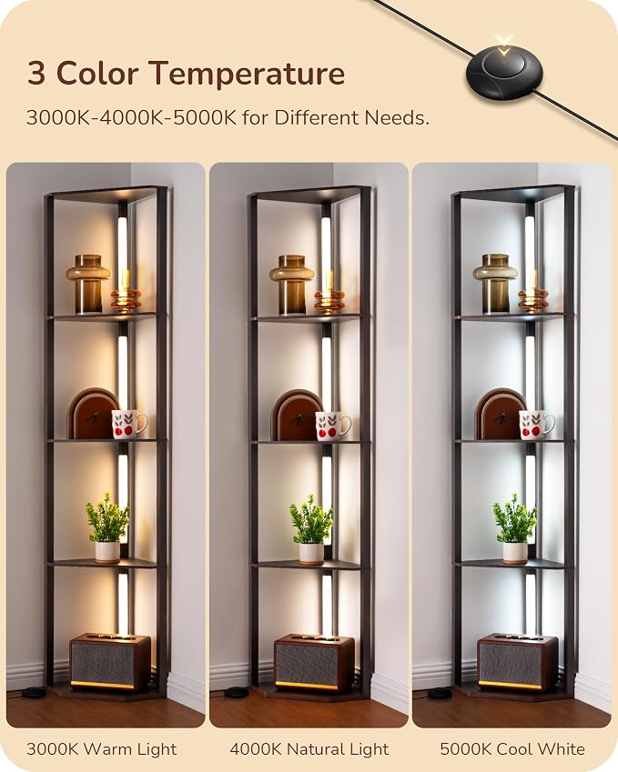 EDISHINE 64" Corner Shelf Floor Lamp for Living Room, Modern LED Corner Light with Shelves, 3CCT, Stepless Dimmable Tall Floor Light for Bedroom, Office, Dining Room, 3000K 4000K 5000K, Black Walnut | Stepless Dimming, 4-Layer Shelf, Foot Switch, 3000K...
