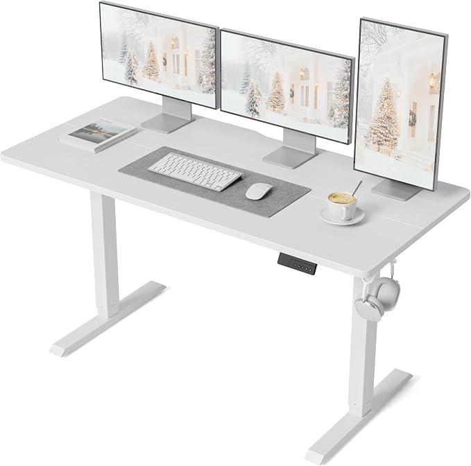 DESINO Standing Desk, 55 × 24 Inches Electric Height Adjustable, Sit and Stand Up, Computer Office Desk with Splice Board, White Frame/White TOP