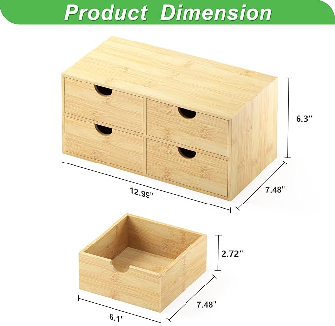 Bamboo Desk Organizer with Drawers, Desktop Storage Box for Office Supplies | 4 Drawers Desktop organizer, No Assembly Required, Natural Wood Wooden Desktop Drawers for Bills, Cosmetics, Seals, Paper