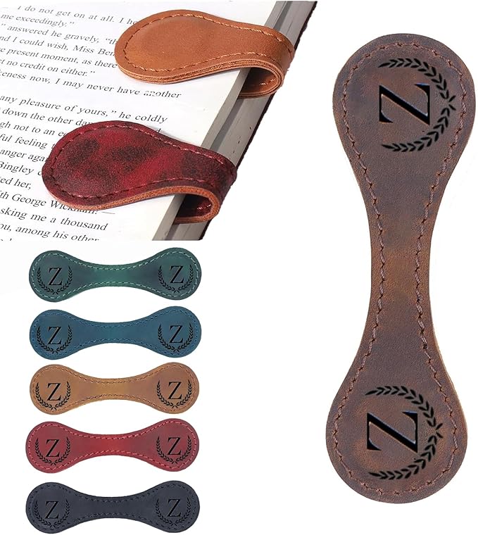 Personalized Magnetic Leather Bookmark, 26 Letters Custom Leather Bookmarks, Handmade, Leather Magnetic Bookmark for Book Lovers Readers Women Kid(Brown，Z）