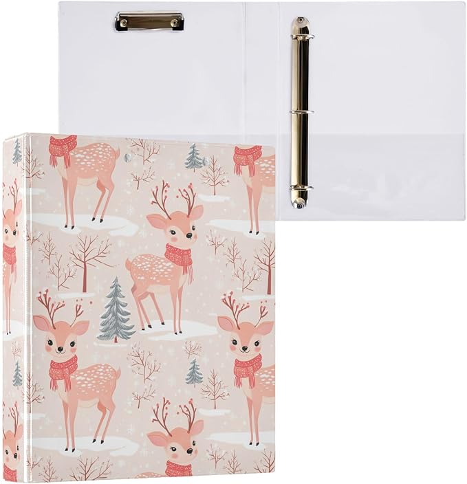 Winter Deer with Red Scarf Pine Tree 3 Ring Binder 1.5" Decorative D-Ring Binder with Clipboard&3 Clear Pockets, Holds 200 Sheets A4 Size Paper Waterproof Binders for School Home Office|2 Pack
