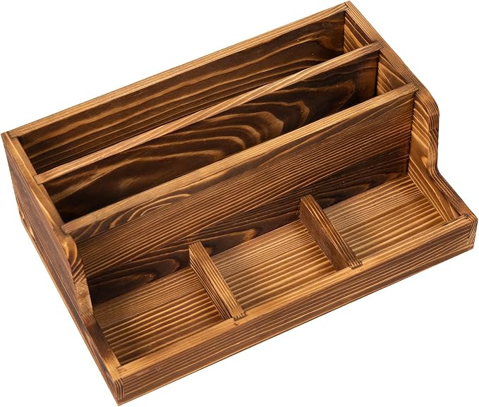 Rustic Brown Wood Mail Organizer Stationery Sorter Letter Holder Office Supply Storage Caddy 2 Slots 3 Trays Desktop Envelope Document Notepad Countertop Daily Accessories Table Home Entryway