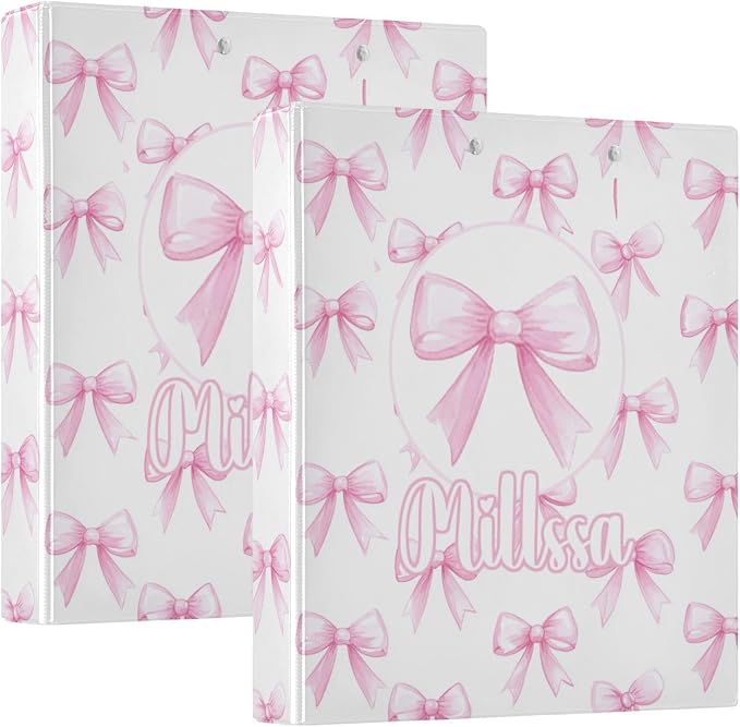 Pink Bows 3 Ring Binder with Clipboard Round Ring Binders White Color Name Custom Binder 3 Interior Clear Pockets for Office Supplies 1 Pack