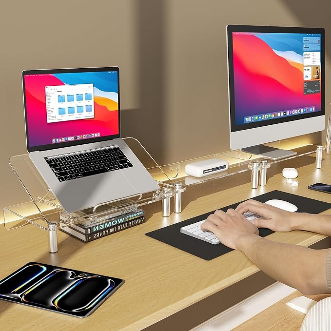 Clear Acrylic Dual Monitor Stand Riser,Laptop Riser Adjustable to 8 Angles | Double Computer monitor riser for desk for 2 Monitors,Desktop organizer Stand for Laptop,PC,Printer,TV，Cute Desk Accessories