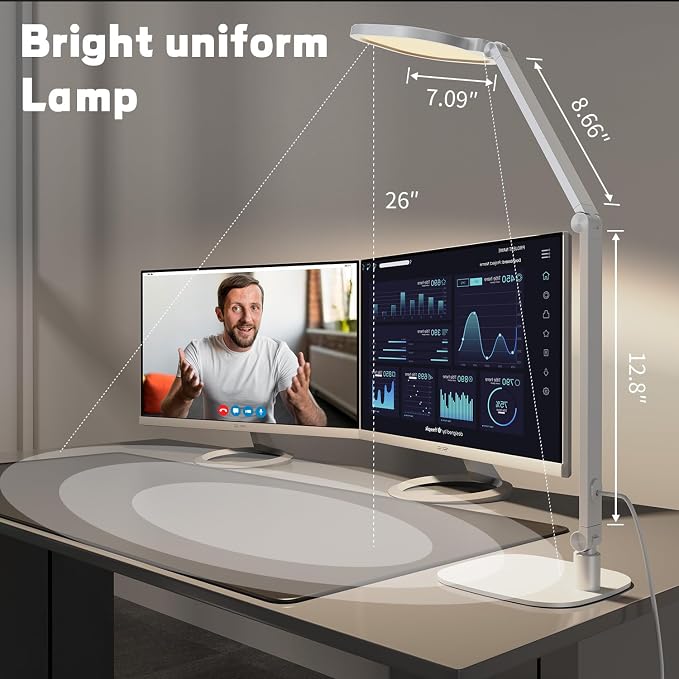 LED Desk Lamp for Home Office, Soft Edge-lit Design, Modern Style | Professional Eye-Caring Diffused Light, Dimmable Computer Light with 30 Modes, Memory & Timer, Flexible Swing Arm Table Lamp