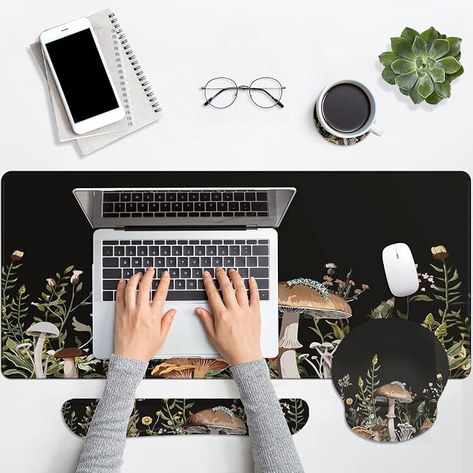 Keyboard Mouse Pad Set, 4 in 1 Desk Mat Set, Black Mushroom Flora | Large Mousepad+Keyboard Wrist Rest+Mouse Wrist Rest+Coaster Ergonomic Design for Home Office Computer