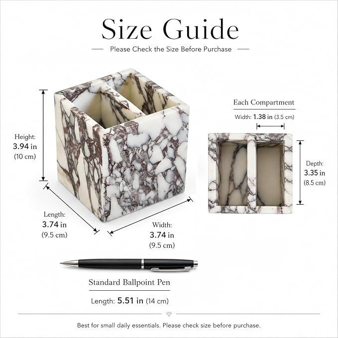 2-Compartment Marble Pen Holder, 3.74 in | Compact 2-section marble holder for pens, makeup brushes, toothbrushes, razors, and slim daily items.