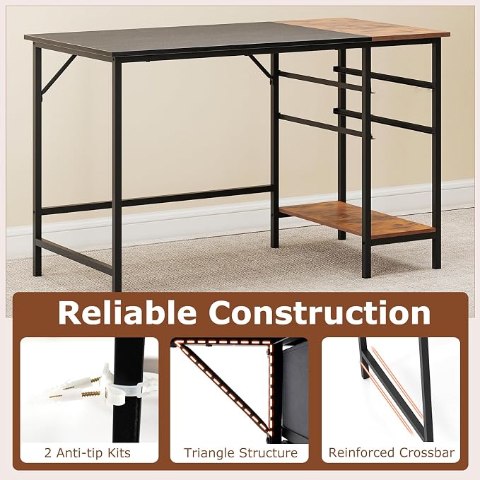 Giantex 48" Computer Desk with 2 Fabric Drawers, Industrial Home Office Desk with Open Storage Shelf, 2-Toned Finish & Metal Frame, Gaming Study Writing Table for Small Space, Bedroom, Black