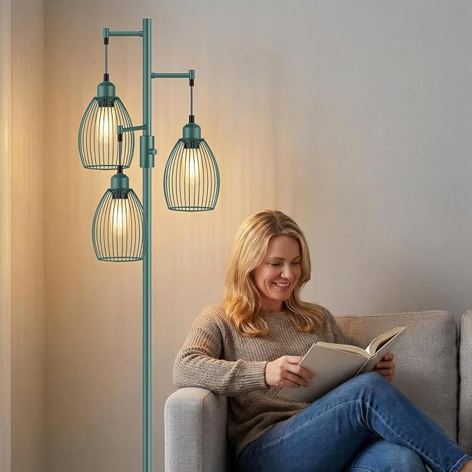 Dimmable Floor Lamp, Industrial Floor Lamps for Living Room, Green Tree Lamp Standing Lamp Tall Lamps with 3 Elegant Teardrop Cage Head & 800 Lumens LED Bulbs for Living room Bedroom Dining Room