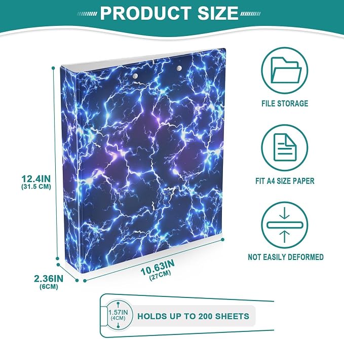 3 Ring Binder Blue Electric Lightning 1.5 Inch Three Ring Binder | Cute Binder with 3 Storage Pockets for Women School Office Supplies
