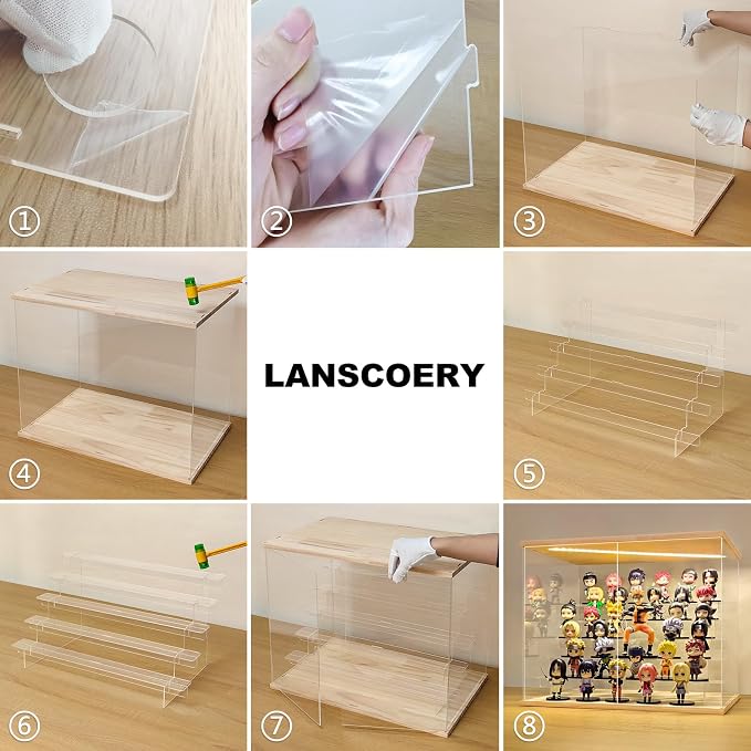 LANSCOERY LED Lighted Acrylic Display Case, 6 Tier Display Box for Collectibles and Action Figures, Clear Dustproof Organizer with Wooden Base – 22.8x11.9x14.7inch