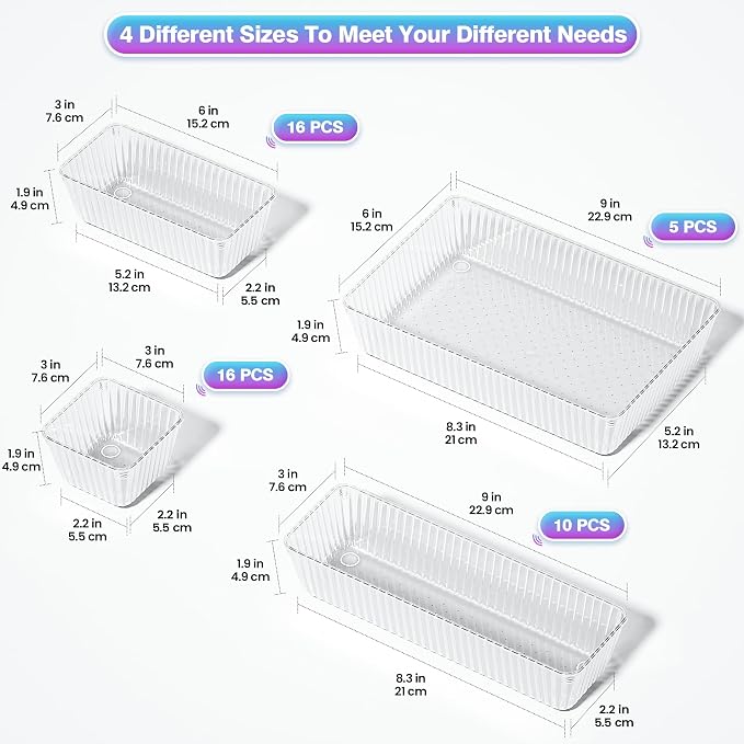 47 PCS Clear Plastic Drawer Organizer Set, Makeup Organizer Trays | 4-Size Desk Drawer Divider, Bathroom Organizers and Storage Bins for Makeup, Jewelry, Gadgets, Office, Kitchen, Bedroom