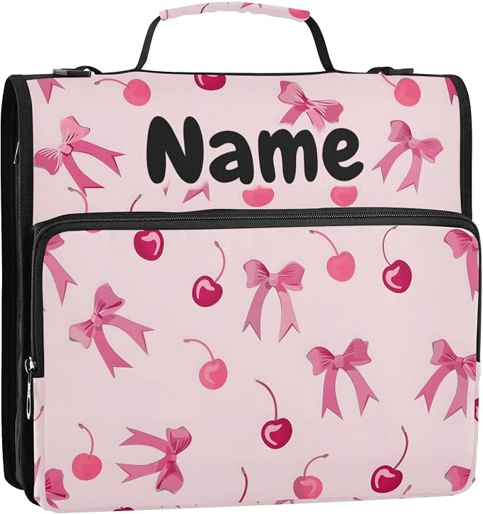 Custom Pink Bows Cherry 3 Ring Binder Bag 1.5 inch Personalized Name Binder Organizer 500 Sheet Documents Storage for School Office