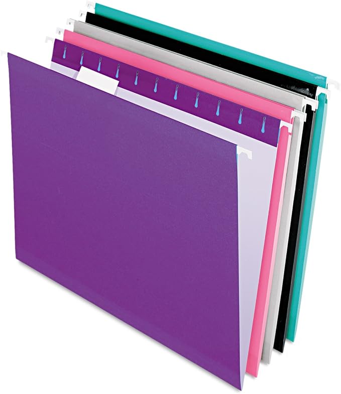 Pendaflex Reinforced Hanging File Folders, Letter Size, 1/5 Cut, Assorted Jewel-Tone Colors, 25/BX (4152 1/5 ASST2)