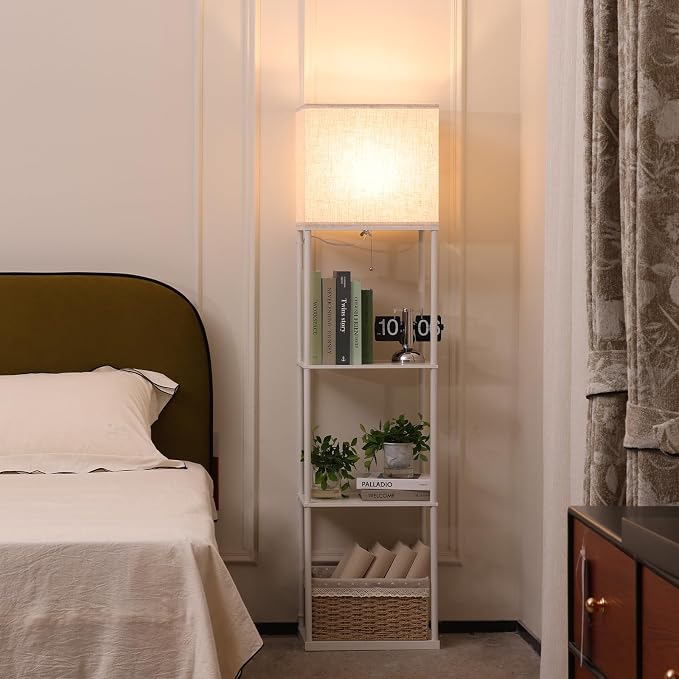 Gupuzm Floor Lamp with Shelves, Large Size Rectangle Standing Lamp with 3 Color Temperature Bulb, Corner Display Bookshelf Lamp for Living Room, Bedroom and Office（White-9W）