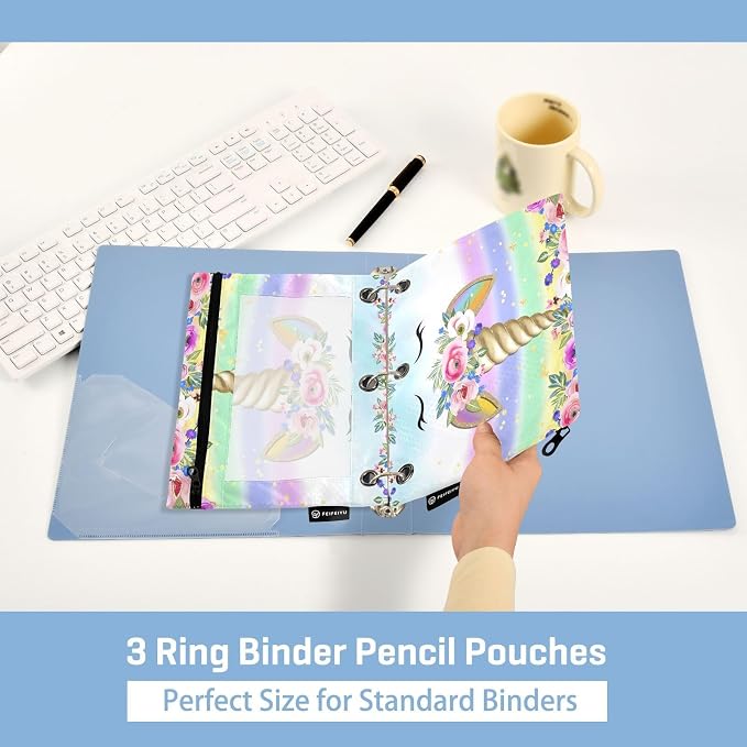 Unicorn Pink Pencil Pouch for 3 Ring Binder, 2 Pack Waterproof Pencil Bags Clear Window Zipper School Office Supplies