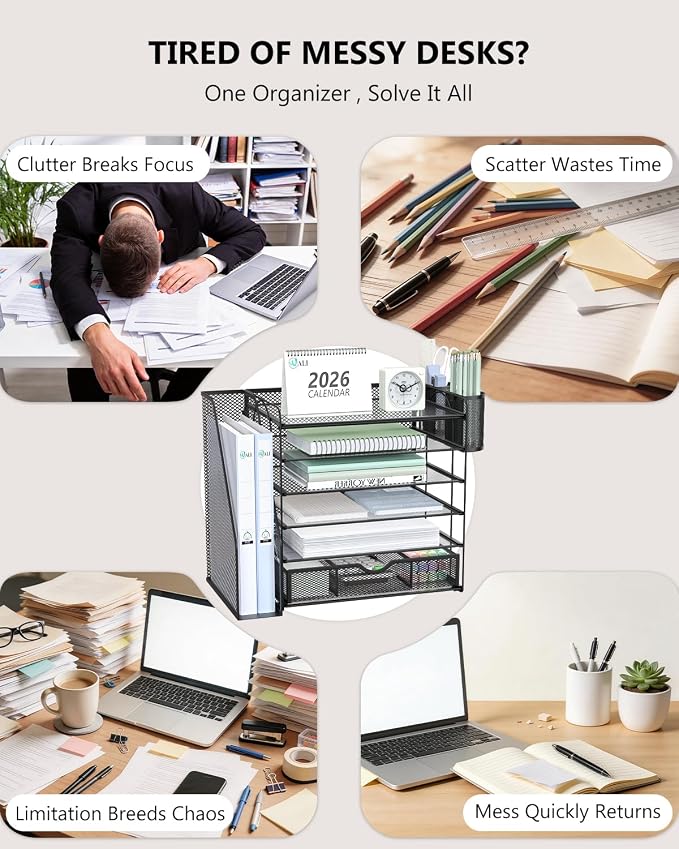 WALI Desk File Organizer, 6 Tier Desktop Paper Letter Tray Organizer with Drawer and 2 Pen Holders, Office Desk Accessories & Workspace Organizers for Office, Home Supplies(DO007DH-B), 1 Pack, Black
