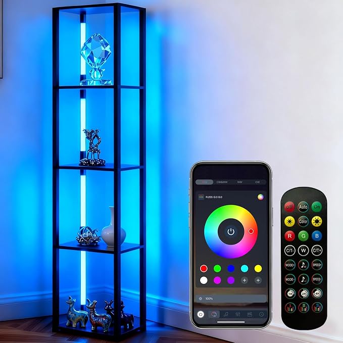 RGBCW Floor Lamp with Shelves, LED Smart Modern Floor Lamp with Music Sync, Color Changing Corner Display Shelf Lamp, Standing Lamp with Shelves for Living Room and Bedroom, Office, Black